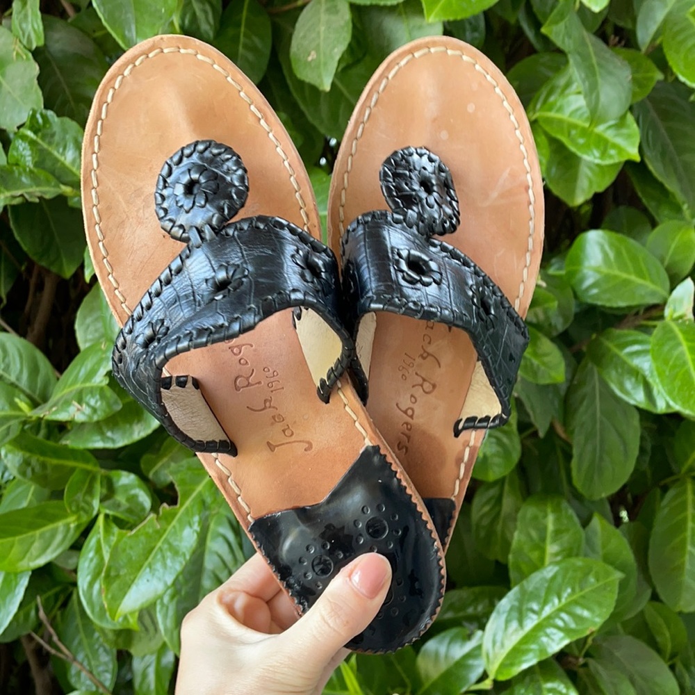 Black Embossed Jack Rogers Leather Sandal, sz 7.5